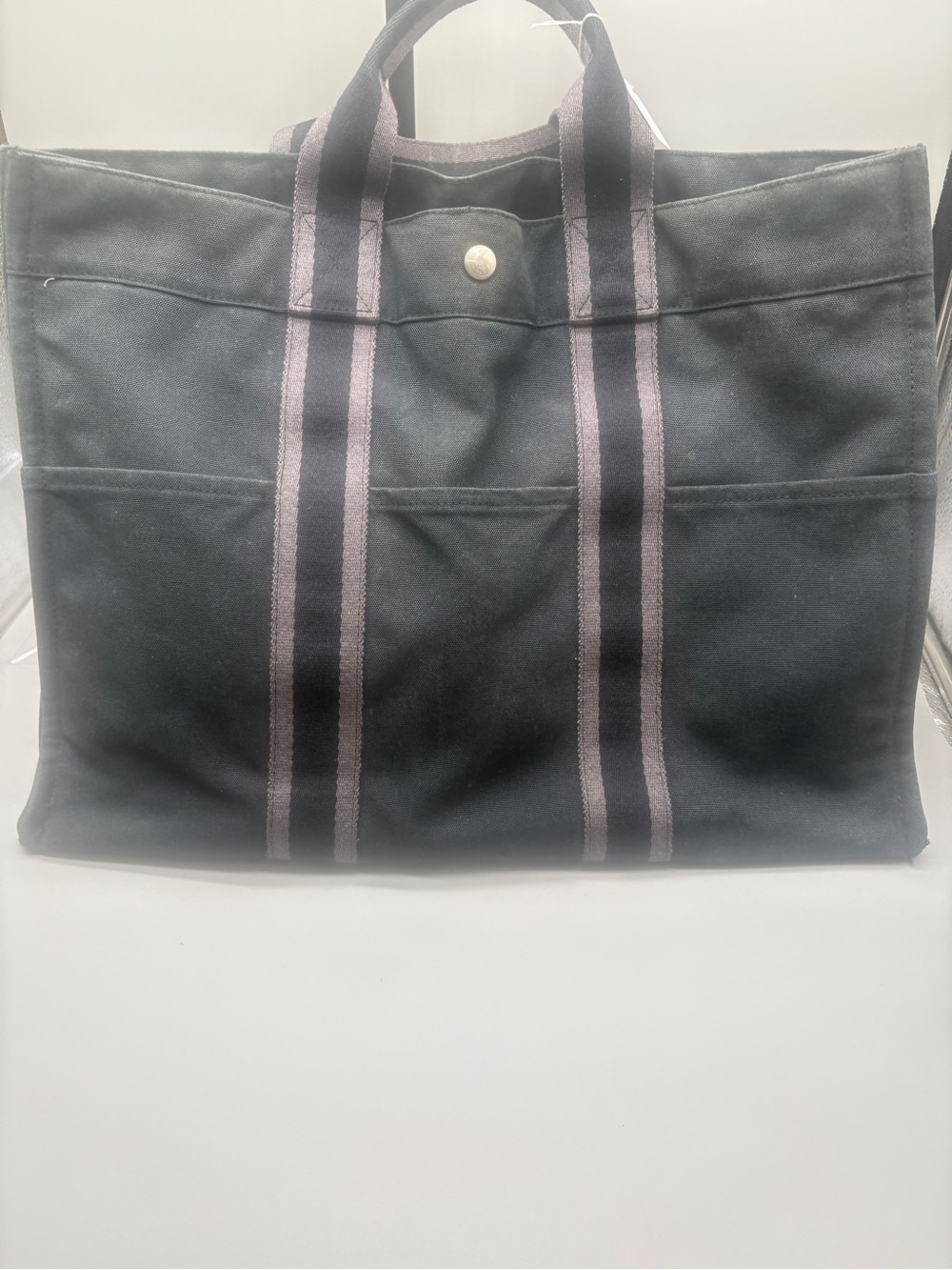 Hermes Canvas Tote Bag with Stripe Handles - Black and Gray